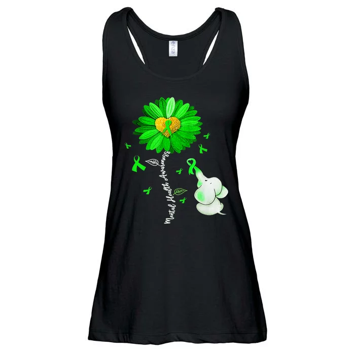 Mental Health Awareness Green Sunflower Ribbon Elephant Ladies Essential Flowy Tank