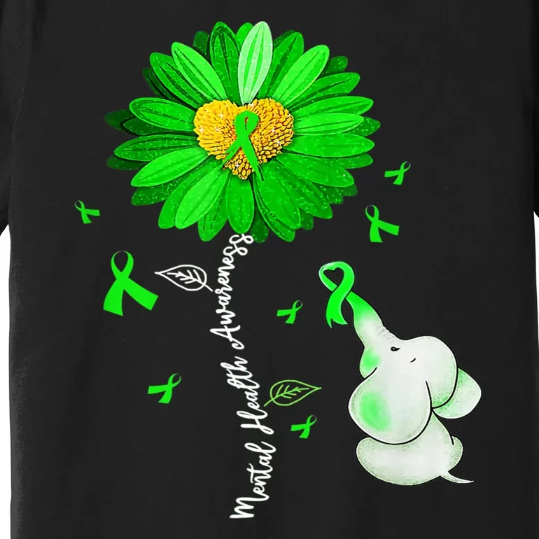 Mental Health Awareness Green Sunflower Ribbon Elephant Premium T-Shirt