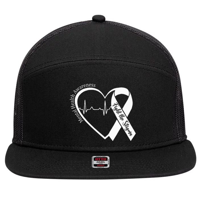 Mental Health Awareness Heart Fight The Stigma Green Ribbon 7 Panel Mesh Trucker Snapback Hat