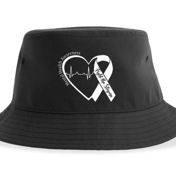 Mental Health Awareness Heart Fight The Stigma Green Ribbon Sustainable Bucket Hat