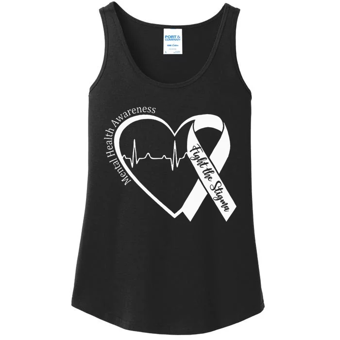 Mental Health Awareness Heart Fight The Stigma Green Ribbon Ladies Essential Tank