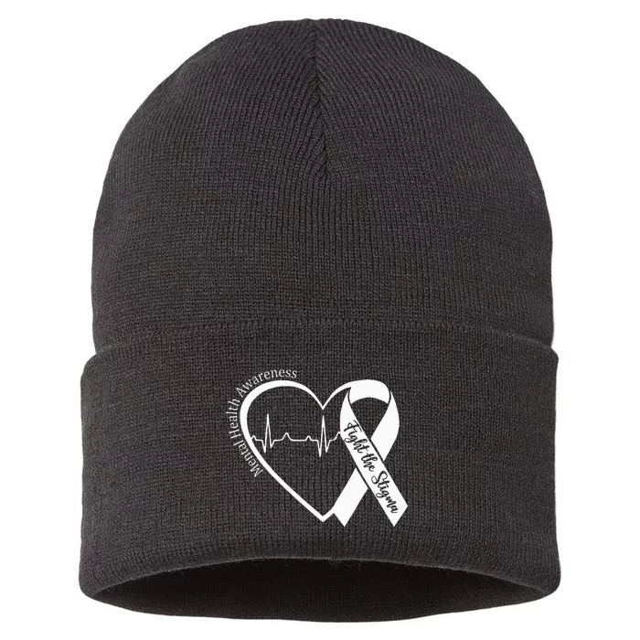 Mental Health Awareness Heart Fight The Stigma Green Ribbon Sustainable Knit Beanie