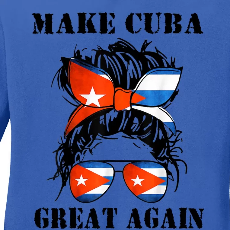 Messy Hair Bun Sos Cuba Flag Make Cuba Great Again Meaningful Gift Ladies Long Sleeve Shirt