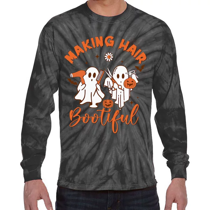 Making Hair Bootiful Funny Scary Ghost Hairdresser Halloween Tie-Dye Long Sleeve Shirt