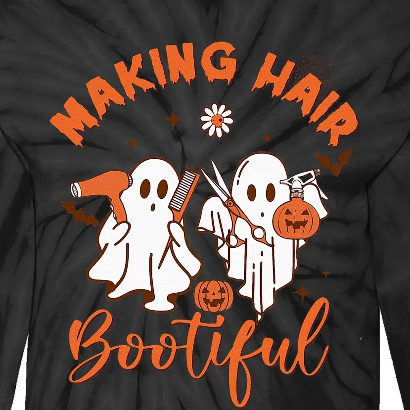 Making Hair Bootiful Funny Scary Ghost Hairdresser Halloween Tie-Dye Long Sleeve Shirt