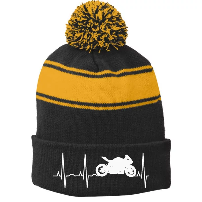 Motorcycle Heartbeat Best Sport Bike Gift Stripe Pom Pom Beanie