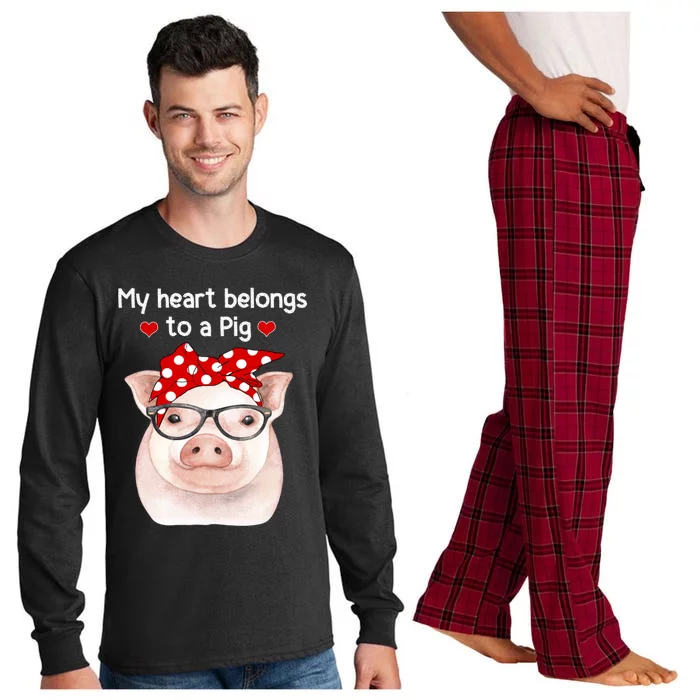 My Heart Belongs To A Pig Polka Dot Headwrap Nerd Glasses Cool Gift Long Sleeve Pajama Set