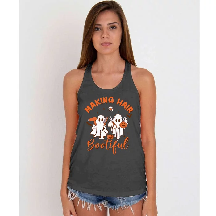 Making Hair Bootiful Funny Scary Ghost Hairdresser Halloween Women's Knotted Racerback Tank