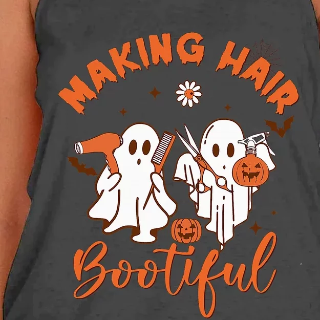 Making Hair Bootiful Funny Scary Ghost Hairdresser Halloween Women's Knotted Racerback Tank