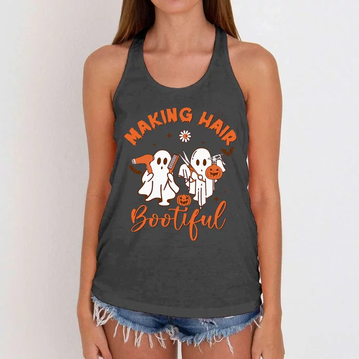 Making Hair Bootiful Funny Scary Ghost Hairdresser Halloween Women's Knotted Racerback Tank