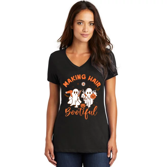 Making Hair Bootiful Funny Scary Ghost Hairdresser Halloween Women's V-Neck T-Shirt