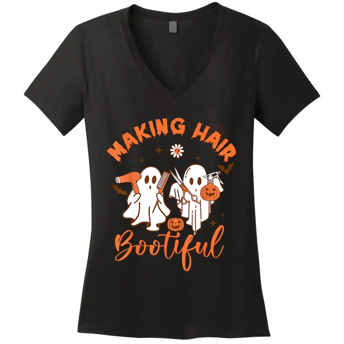 Making Hair Bootiful Funny Scary Ghost Hairdresser Halloween Women's V-Neck T-Shirt