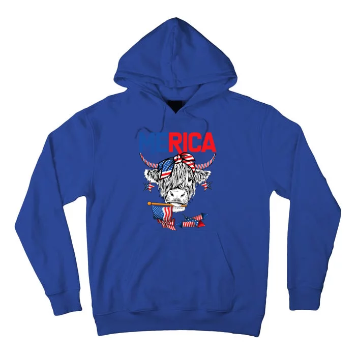 Merica Highland Cow And Usa Flag Patriotic Farmer 4th Of July Gift Tall Hoodie