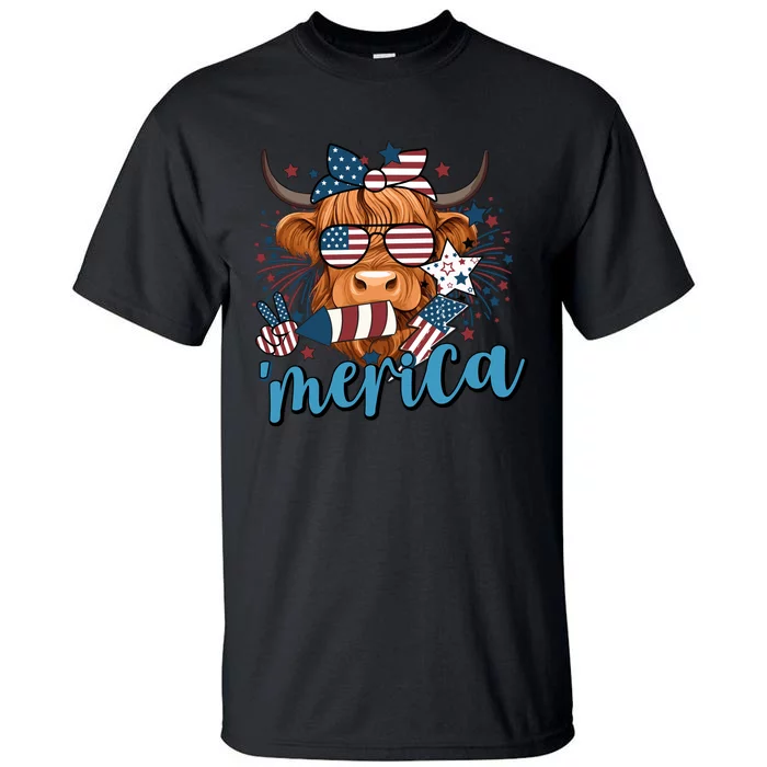 Merica Highland Cow 4th Of July Celebration Tall T-Shirt