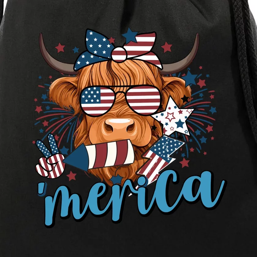 Merica Highland Cow 4th Of July Celebration Drawstring Bag