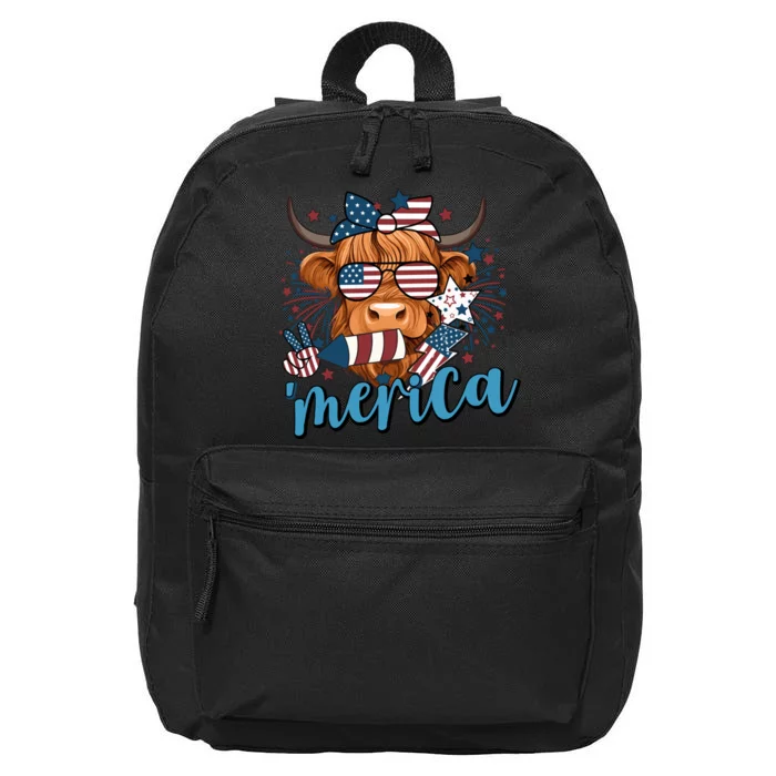 Merica Highland Cow 4th Of July Celebration 16 in Basic Backpack