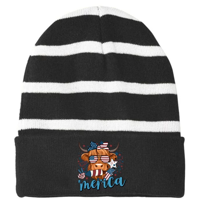 Merica Highland Cow 4th Of July Celebration Striped Beanie with Solid Band