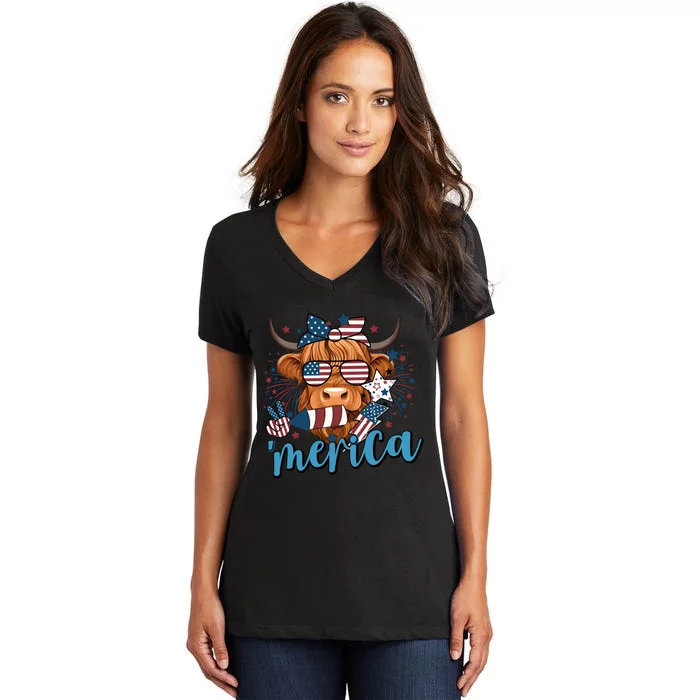 Merica Highland Cow 4th Of July Celebration Women's V-Neck T-Shirt