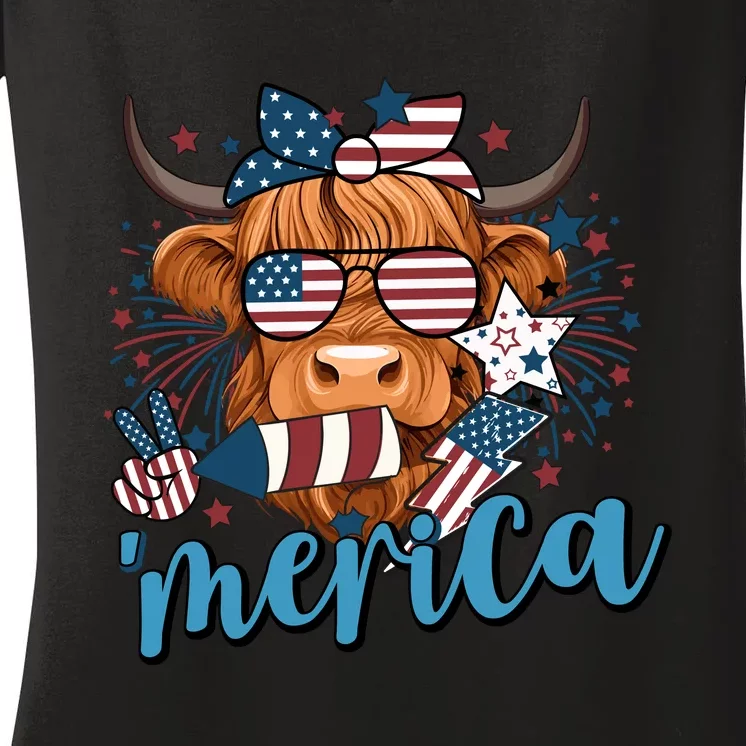 Merica Highland Cow 4th Of July Celebration Women's V-Neck T-Shirt