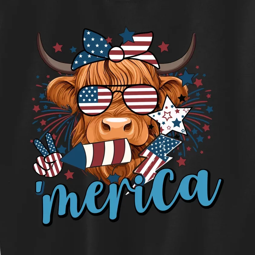 Merica Highland Cow 4th Of July Celebration Kids Sweatshirt