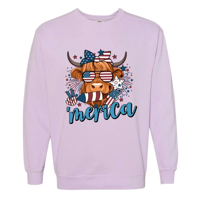 Merica Highland Cow 4th Of July Celebration Garment-Dyed Sweatshirt