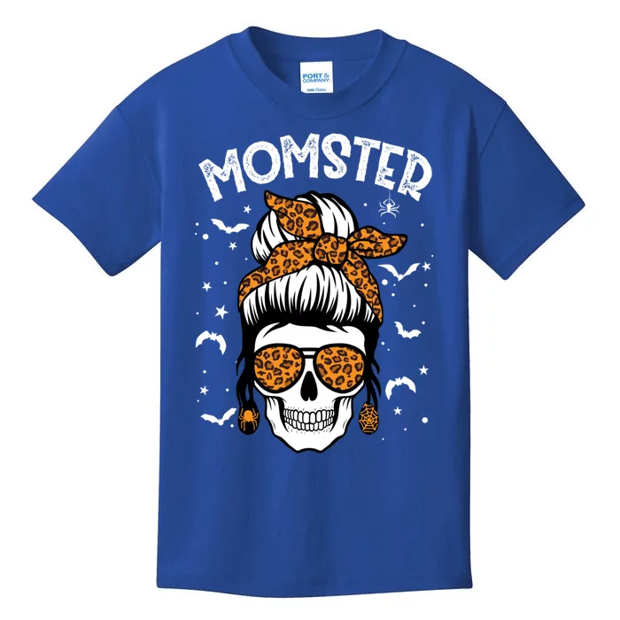 Momster Halloween Costume Skull Mom Messy Hair Bun Monster Gift Kids T-Shirt