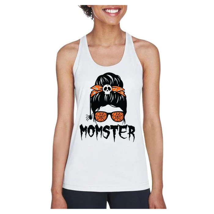 Momster Halloween Costume Skull Mom Messy Hair Bun Monster Women's Racerback Tank