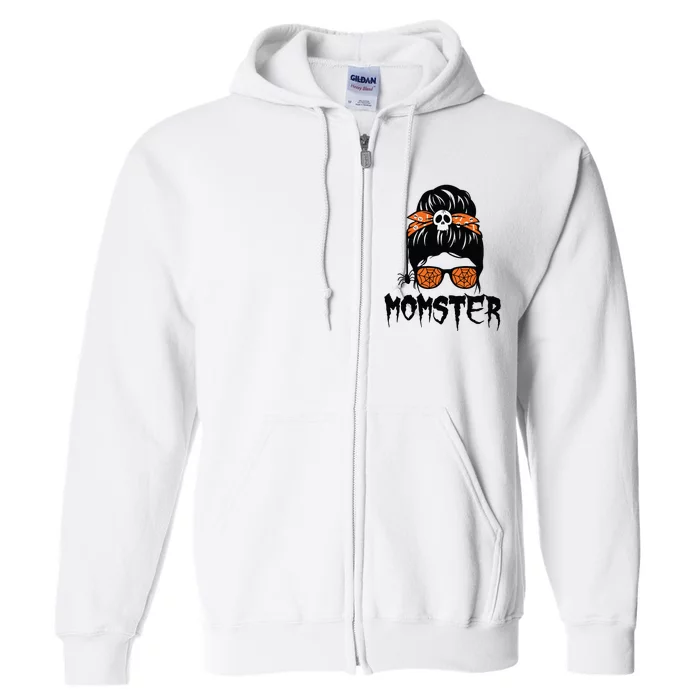 Momster Halloween Costume Skull Mom Messy Hair Bun Monster Full Zip Hoodie