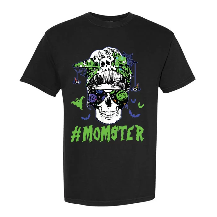 Momster Halloween Costume Skull Mom Messy Hair Bun Monster Garment-Dyed Heavyweight T-Shirt