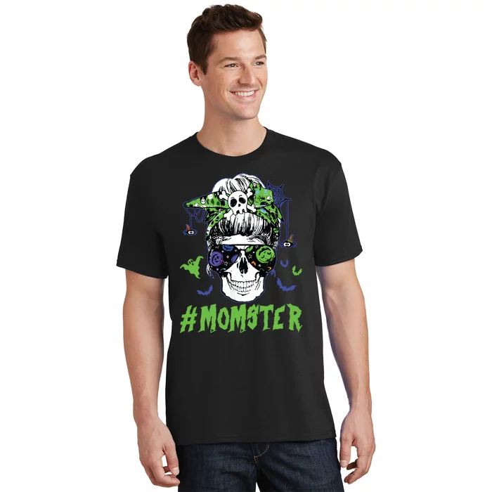 Momster Halloween Costume Skull Mom Messy Hair Bun Monster T-Shirt