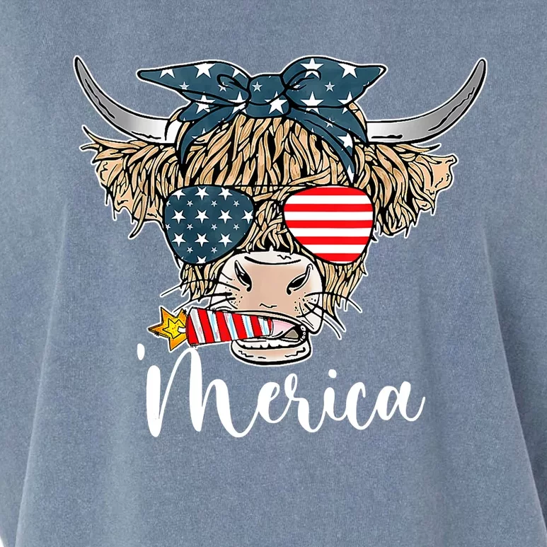 Merica Highland Cow With Bandana Patriotic 4th Of July Garment-Dyed Women's Muscle Tee