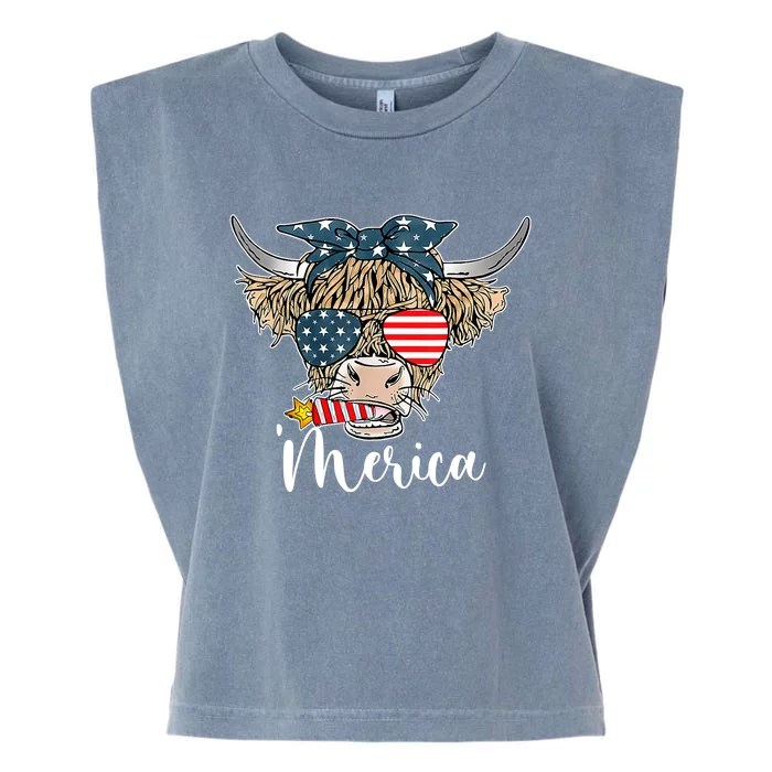 Merica Highland Cow With Bandana Patriotic 4th Of July Garment-Dyed Women's Muscle Tee