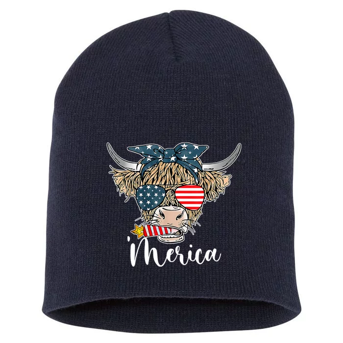 Merica Highland Cow With Bandana Patriotic 4th Of July Short Acrylic Beanie