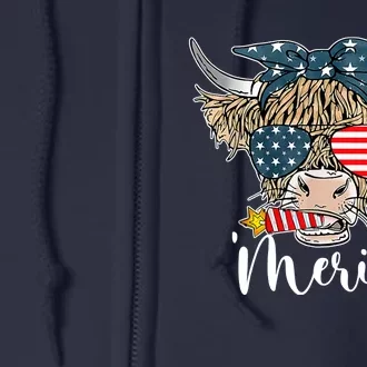 Merica Highland Cow With Bandana Patriotic 4th Of July Full Zip Hoodie