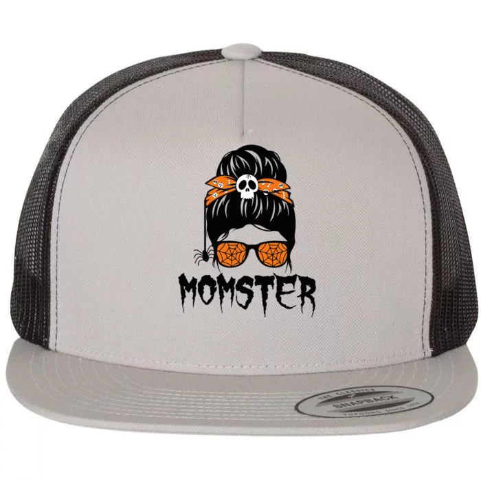 Momster Halloween Costume Skull Mom Messy Hair Bun Monster Flat Bill Trucker Hat