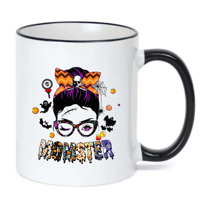 Momster Halloween Costume Skull Mom Messy Hair Bun Black Color Changing Mug