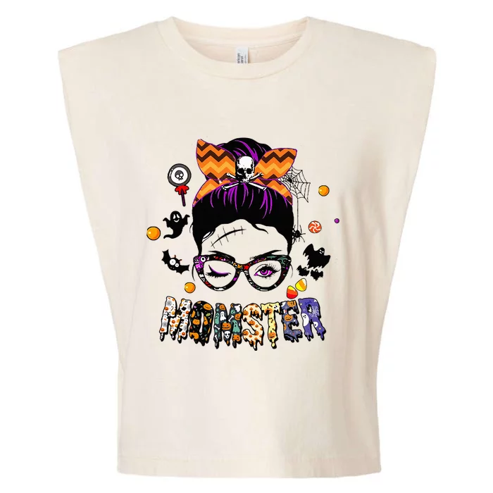 Momster Halloween Costume Skull Mom Messy Hair Bun Garment-Dyed Women's Muscle Tee