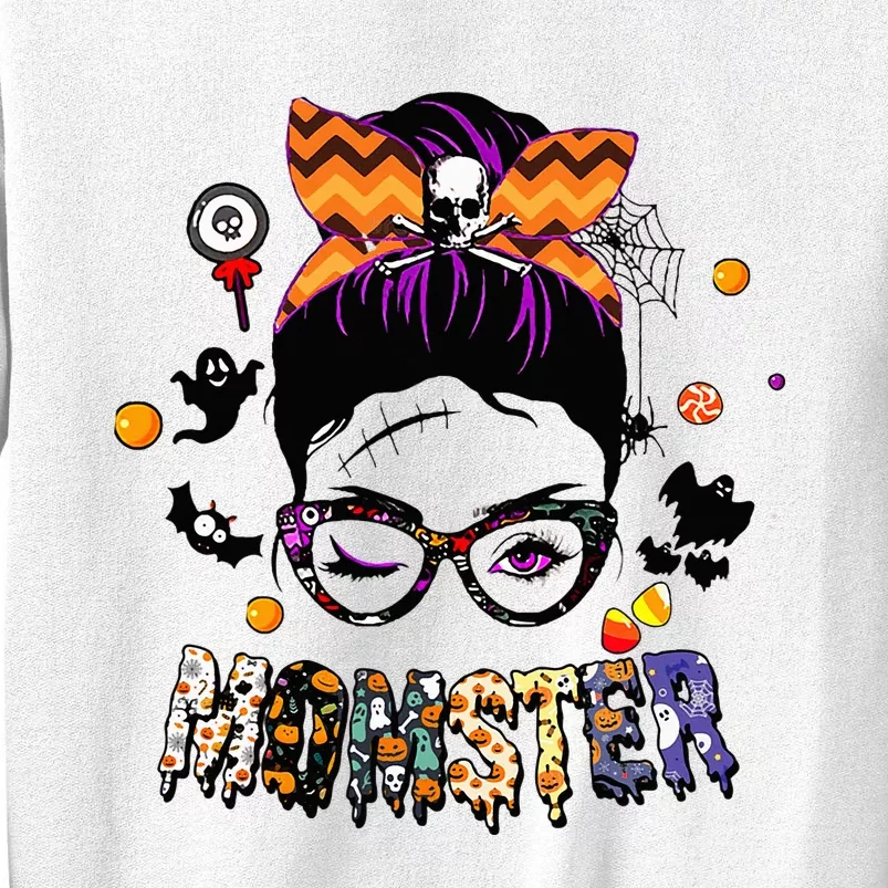 Momster Halloween Costume Skull Mom Messy Hair Bun Sweatshirt