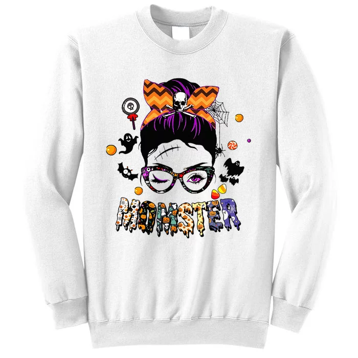 Momster Halloween Costume Skull Mom Messy Hair Bun Sweatshirt