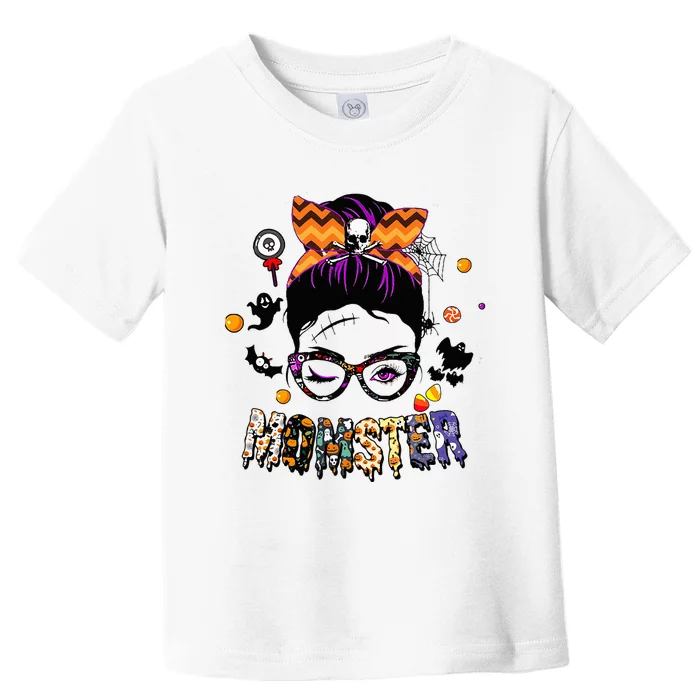 Momster Halloween Costume Skull Mom Messy Hair Bun Toddler T-Shirt