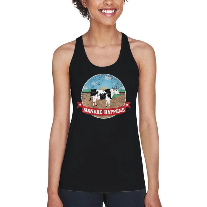 Manure Happens Cattle Ranch Farm Cow Dairy Humor Women's Racerback Tank