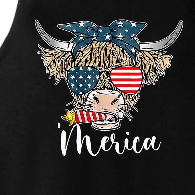 Merica Highland Cow With Bandana Patriotic 4th Of July Ladies Tri-Blend Wicking Tank