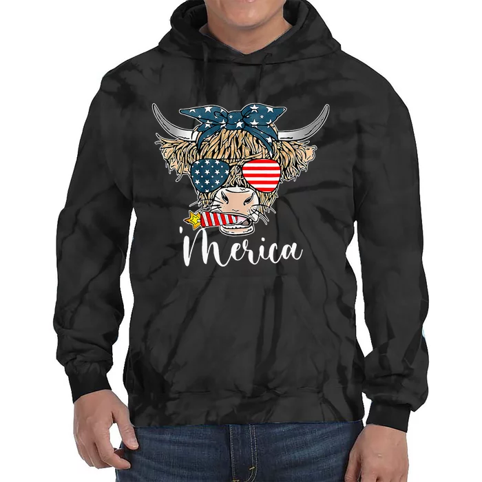 Merica Highland Cow With Bandana Patriotic 4th Of July Tie Dye Hoodie