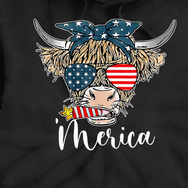 Merica Highland Cow With Bandana Patriotic 4th Of July Tie Dye Hoodie