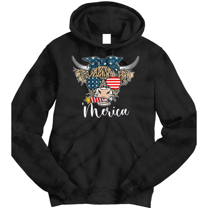 Merica Highland Cow With Bandana Patriotic 4th Of July Tie Dye Hoodie