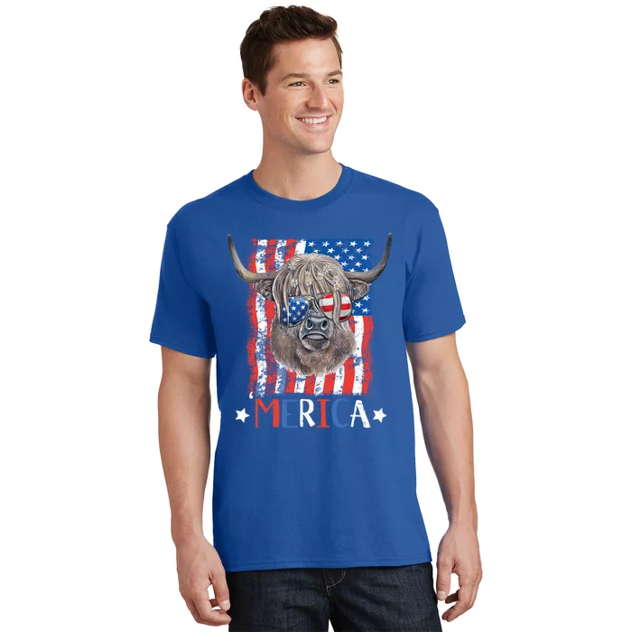 Merica Highland Cow 4th Of July Farming Patriotic Usa Flag Gift T-Shirt