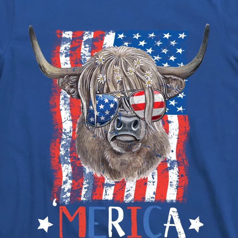 Merica Highland Cow 4th Of July Farming Patriotic Usa Flag Gift T-Shirt