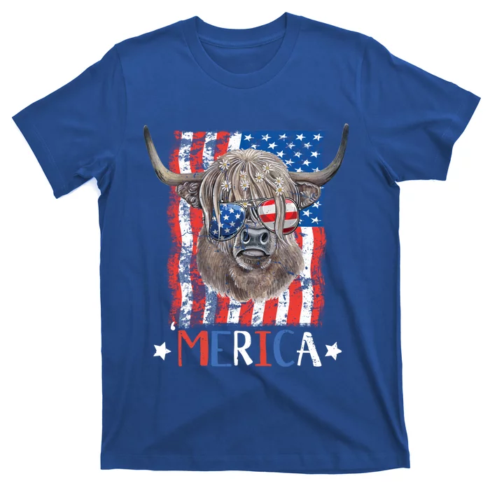 Merica Highland Cow 4th Of July Farming Patriotic Usa Flag Gift T-Shirt