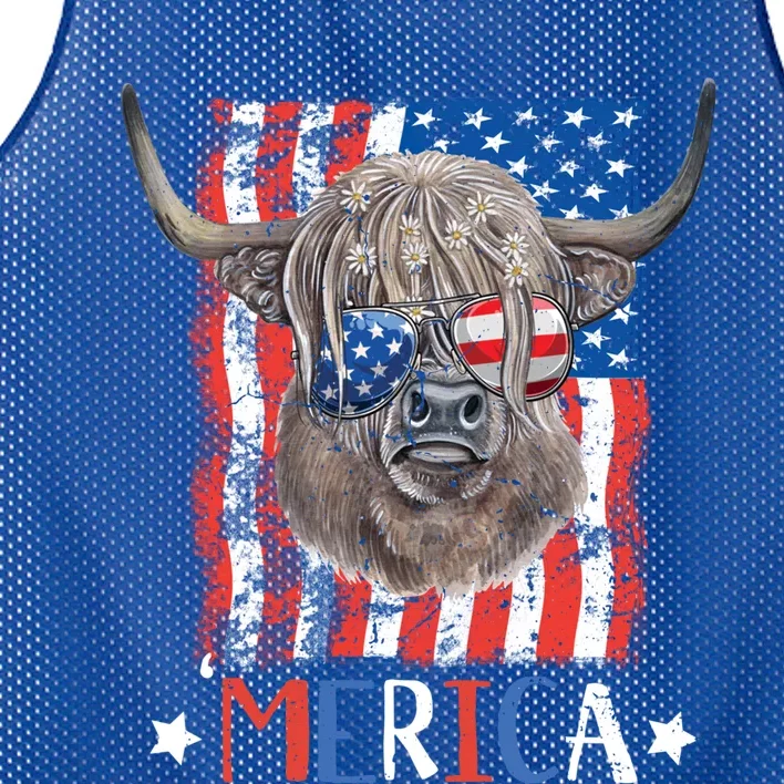 Merica Highland Cow 4th Of July Farming Patriotic Usa Flag Gift Mesh Reversible Basketball Jersey Tank