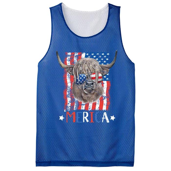 Merica Highland Cow 4th Of July Farming Patriotic Usa Flag Gift Mesh Reversible Basketball Jersey Tank